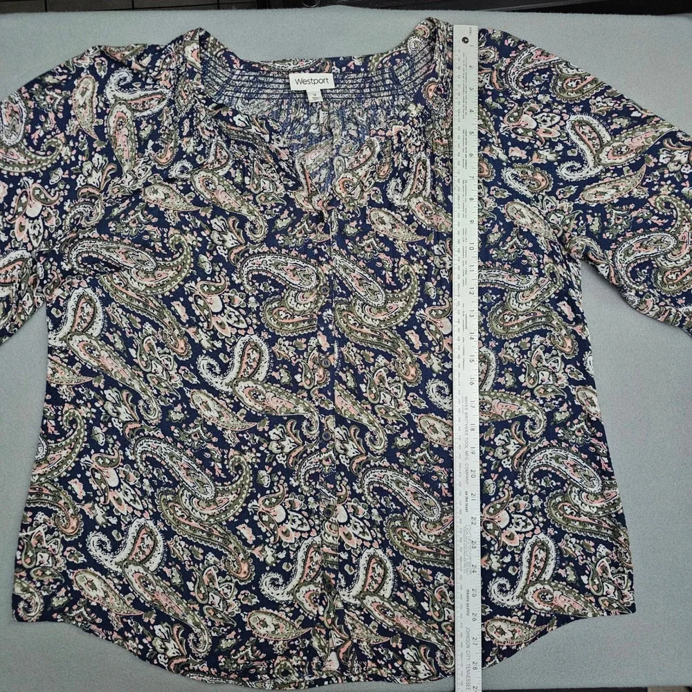 Westport Peasant Top 1X Womens Navy Paisley Smocked Tie Sleeve Button Front Boho